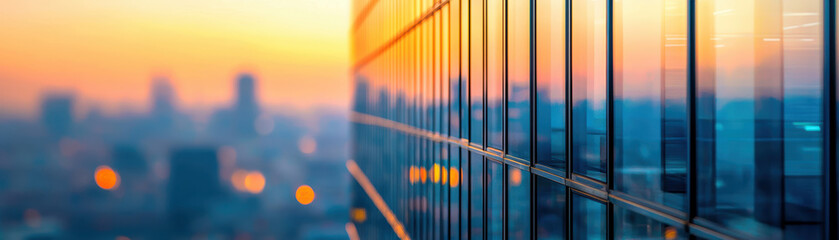 Wall Mural - Sunset reflecting on modern office building glass facade with blurred city skyline in the background. Urban architecture and cityscape concept.