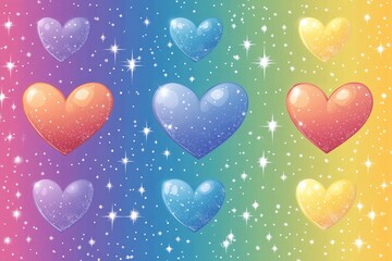 Wall Mural - Colorful hearts with sparkles on a gradient background.