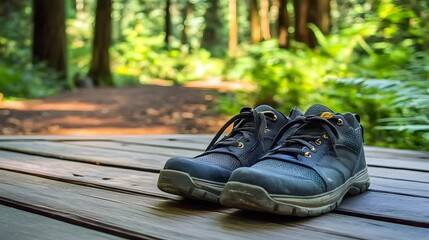 Travel Shoes: A pair of durable travel shoes resting on a wooden deck with a forest trail in the background.
