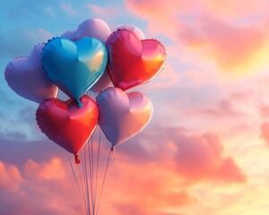 Sticker - Colorful heart-shaped balloons against a sunset sky.