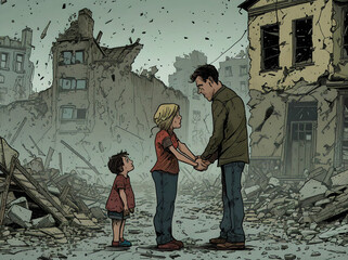 A cartoon-style post-war scene depicts a ruined city street. A pair of parents and their child stand in front of a damaged house. The parents' faces show concern and exhaustion, while the child clings