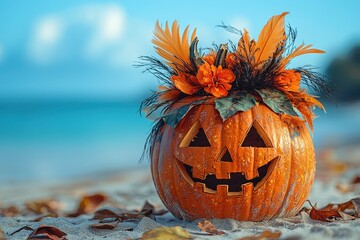 A Halloween pumpkin on a sandy beach