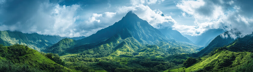 Panoramic view of a lush green mountainous landscape under a dramatic sky with scattered clouds, emphasizing the beauty and majesty of nature.