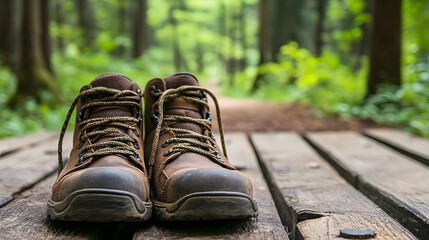 Travel Shoes: A pair of durable travel shoes resting on a wooden deck with a forest trail in the background.
