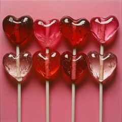 Sticker - Colorful heart-shaped lollipops arranged on a pink background.