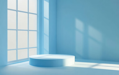 Wall Mural - minimalistic blue room with sunlit circular podium and large window casting serene shadows, creating