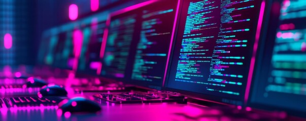 Advanced UI code editors, glowing hologram tools, digital development room