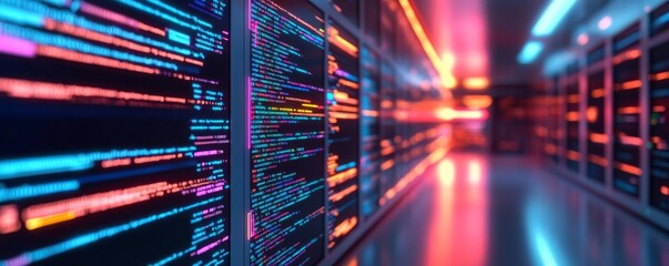 Advanced UI code editors, glowing hologram tools, digital development room
