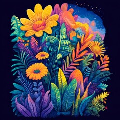 Canvas Print - Colorful illustration of vibrant tropical plants and flowers.