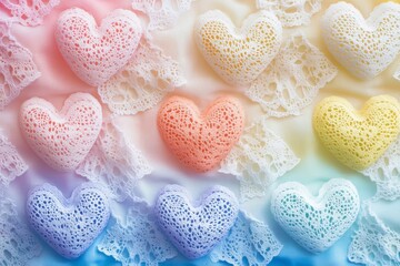 Canvas Print - Colorful lace hearts arranged on a soft pastel background.