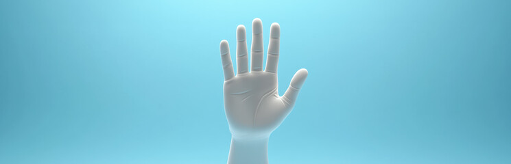Wall Mural - a white mannequin hand raised against a soft blue background, symbolizing simplicity, elegance, and 
