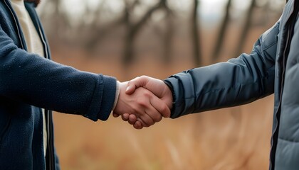 Wall Mural - Symbolic handshake embodying agreement, partnership, and trust in a serene outdoor environment