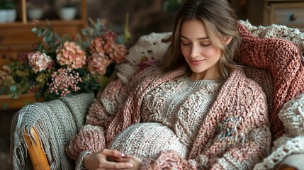 Wall Mural - Render an image of a pregnant mother sitting on a rocking chair, knitting baby clothes