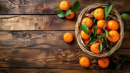 Fresh orange tangerines in a basket on a wooden table For A Fresh And Colorful Presentation.