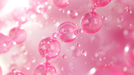 Wall Mural - pink background with DNA helix and one large cell, glowing pink bubbles around the cells