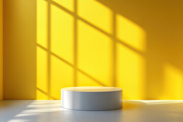 Wall Mural - minimalist white podium against vibrant yellow wall with shadow patterns. perfect for showcasing pro