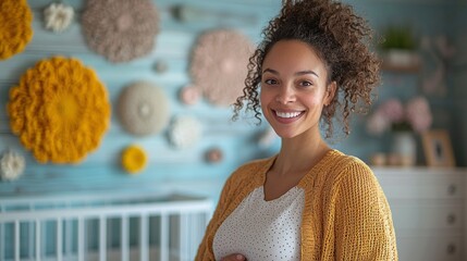 Create an image of a mother decorating the nursery, focusing on her joyful expression