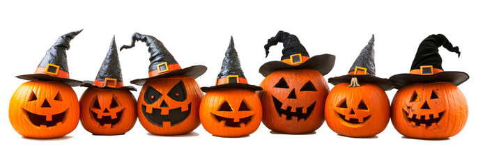 Set of scary Jack O Lantern Halloween pumpkins with witch hats on transparent background cutout. PNG file. Funny and spooky carved pumpkin.