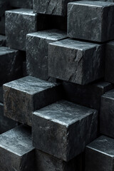 Wall Mural - close-up of stacked dark stone cubes, showcasing texture and geometric pattern. abstract and industr