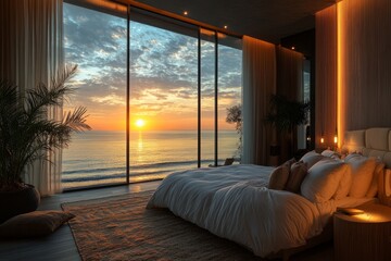 Poster - Cozy bedroom with a stunning ocean sunset view.