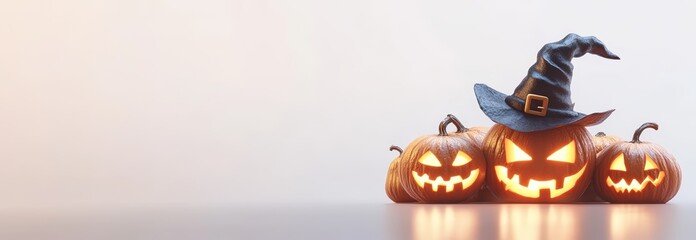 Set of scary Jack O Lantern Halloween pumpkins with witch hats on white background cutout. Funny and spooky carved pumpkin.