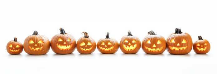 Set of scary Jack O Lantern Halloween pumpkins on white background. Funny and spooky orange carved pumpkin.