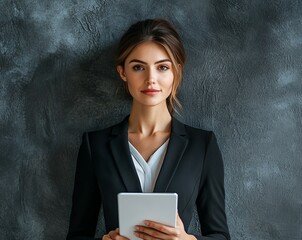 Wall Mural - Stylish woman in business attire holding a tablet studio background confident and modern corporate look