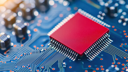 Wall Mural - Close-up of a red microchip on a blue circuit board with intricate wiring and electronic components, showcasing modern technology and innovation.