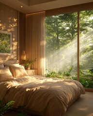 Wall Mural - Cozy bedroom with natural light and forest view.