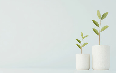 Wall Mural - minimalist image of two green plants in white pots against a soft, white background. perfect for int