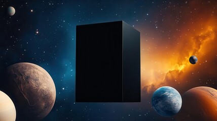 A black box in space, floating amidst stars and planets, with light bending around it, black box, cosmic mystery