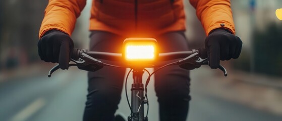 A cyclist riding through the city at night, equipped with reflective gear and lights, safety, urban cycling