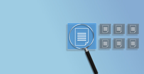 Magnifying glass focuses on document management concept with icons on virtual screen