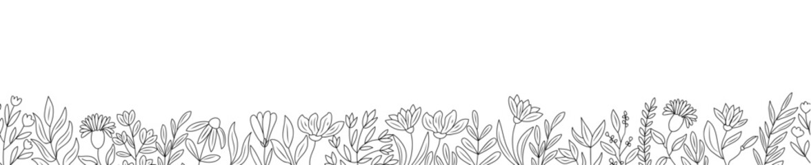 Wall Mural - Horizontal banner, seamless border with abstract blooming flowers and leaves line art drawing. Spring botanical outline sketch vector illustration isolated on white background.