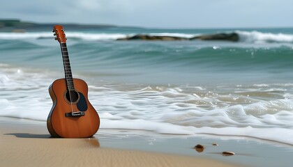 Serene coastal scene with an acoustic guitar on sandy beach and gentle waves in the background