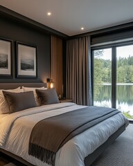 Canvas Print - Cozy modern bedroom with lake view and elegant decor.