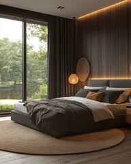 Poster - Cozy modern bedroom with large windows and natural views.