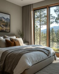 Sticker - Cozy modern bedroom with scenic mountain views through large windows.