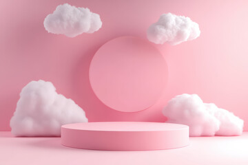 Wall Mural - minimalist pink abstract background with floating clouds and geometric podium, perfect for product d