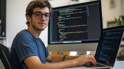 Confident programmer coding on desktop and laptop in modern office, programming concept