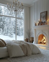 Wall Mural - Cozy winter bedroom with a fireplace and snowy view.