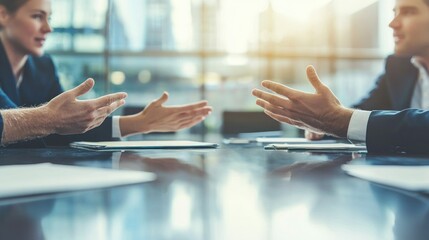 Wall Mural - Close-up of two business people having a discussion, with their hands and gestures in conversation at a meeting room with a blurred background office interior. This business concept suggests the idea 