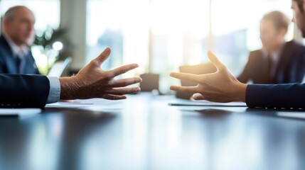 Close-up of two business people having a discussion, with their hands and gestures in conversation at a meeting room with a blurred background office interior. This business concept suggests the idea 