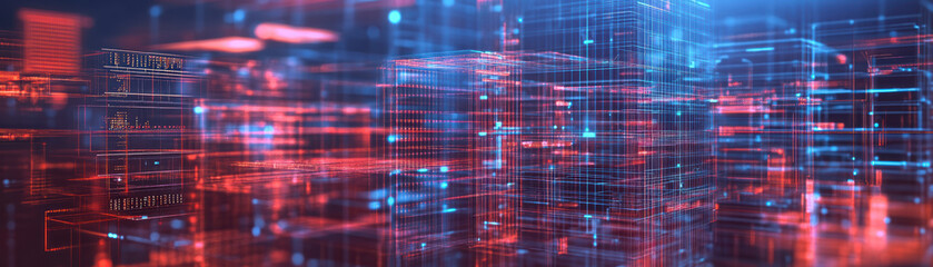 Abstract digital grid showcasing futuristic technology concept with glowing blue and red lines, representing data network and information flow.