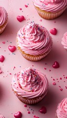 Poster - Cupcakes with pink frosting and sprinkles on a pink background.