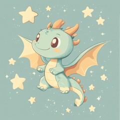 Wall Mural - Cute cartoon dragon flying among stars in a whimsical background.