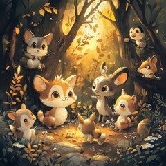 Sticker - Cute forest animals gathering in a magical, sunlit setting.