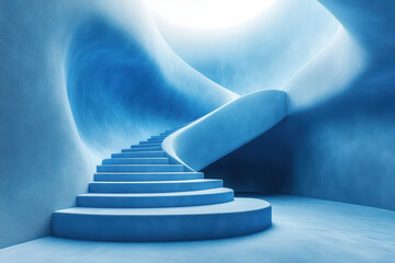 Wall Mural - modern winding staircase in a surreal, abstract blue interior space illuminated by natural light fro