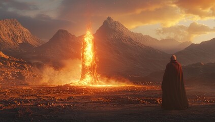 Wall Mural - A cinematic shot of a burning bush, with Moses standing in the desert facing away from the camera. A giant flame erupts from the bush, reaching up into the sky, with mountains in the background, creat