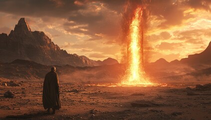 Wall Mural - A cinematic shot of a burning bush, with Moses standing in the desert facing away from the camera. A giant flame erupts from the bush, reaching up into the sky, with mountains in the background, creat